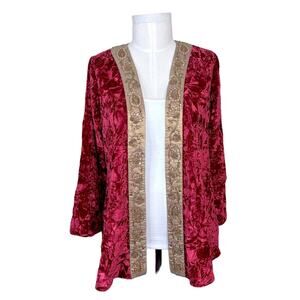 Soft Surroundings Women's Sz M Red Crushed Velvet Floral Gold Sequined Cardigan